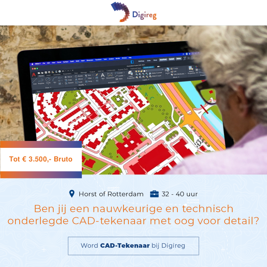 Vacature CAD-Tekenaar bij Digireg – fulltime in Horst of Rotterdam, tot €3.500,- bruto. Klik hier om de volledige vacature te bekijken.